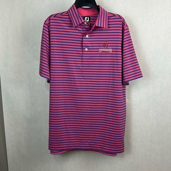 FootJoy Copperhead Innisbrook Polo Shirt Sz Medium Pink Blue Stripe Short Sleeve - Picture 1 of 12